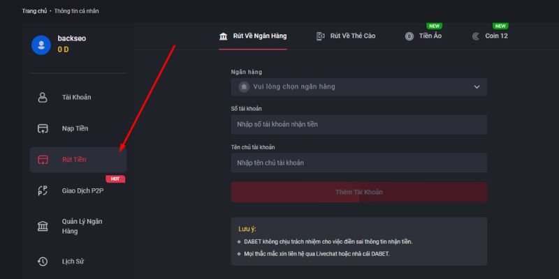 Các bước rút tiền Dabet